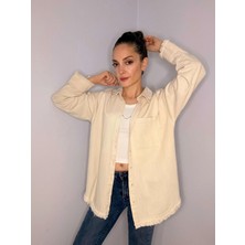 Krem Püskül Detaylı Keten Gömlek