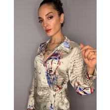 Desenli Kruvaze Bağlamalı Saten Gömlek