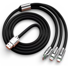 Bayındır Elektronik Süper Hızlı 120W 6A Sıvı Silikon Metal Uçlu LED Işıklı Type-C iPhone 3 In1 Şarj Kablosu 1.2m