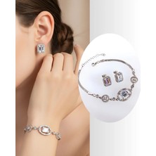 925 Gümüş Baget Kare Tasarım Zarif Işıltılı Kadın Küpe Bileklik Seti