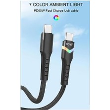 Renklimestore Nr9 Type-C To Type-C Uyumlu 65W Pd LED Işıklı Kablo Hızlı Şarj Örgü Kablo
