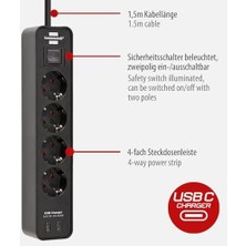 Renklimestore Ecolor Serisi 4 Soketli 2 Adet Type-C Hızlı Şarj Özellikli 1,5 Metre Kablolu Anahtarlı Priz Siyah