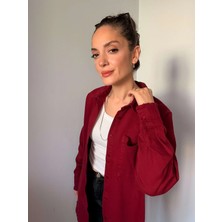 Bordo Püskül Detaylı Keten Gömlek