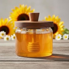 Renklimestore Akasya Ağacı Kapaklı Borosilikat Cam Bal Kavanozu ve Bal Kaşığı| Modern Kahvaltılık Saklama Kabı | Borosilikat Cam Bal Kavanozu | Ahşap Kapaklı ve Kepçeli Şık Bal Sunumluk 280ML