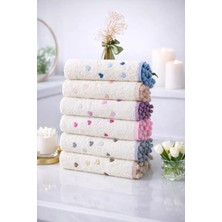 6'lı Krem Renkli Ponponlu Kalp Nakışlı  Pamuklu El Yüz Havlusu