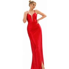 Askılı Saten Uzun Abiye Elbise – Derin V Yaka