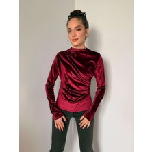 Bordo Balıkçı Yaka Kadife Bluz
