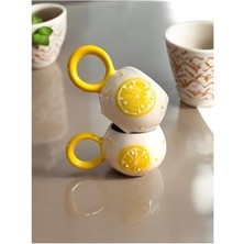 Renklimestore Limon Model Kabartmalı Çay Kahve 2 Li El Yapımı Seramik