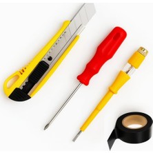 Renklimestore 4’lü Profesyonel El Aletleri Seti – Dayanıklı Sarı Bıçağı (Kesici), Elektrikçi Kontrol Kalemi (Tester Kalem), Siyah Pvc Elektrik Bandı (Izole Bant) – Kablo Onarımı, Elektrik Tamiri, Kablo Düzenl