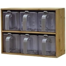 Renklimestore Bambu Standlı 6'lı Baharatlık Seti Takımı Kaşıklı 13 Parça Pratik Saklama Kabı