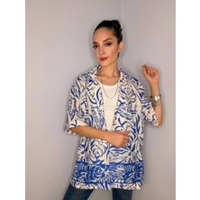 Mavi Yaprak Desenli Fakir Kol Keten Gömlek