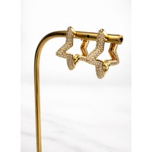 db DİLEK BAŞ TASARIM Gold Renk Zirkon Taşlı Yıldız Küpe – Işıltılı Halka Model Kadın Küpe