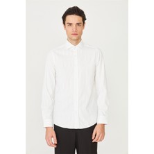 White Stone Bej İnce Çizgili Uzun Kollu Gömlek Slim Fit