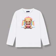 Mixxi Fashion Sevimli Ayı Gökkuşağı Cute Bear Rainbow Baskılı Uzun Kollu Unisex  Çocuk Tişört (4-13 Yaş)