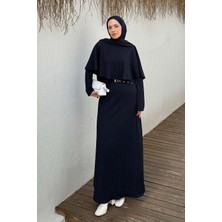 Lamelif Balıksırtı Kemerli Elbise Lacivert