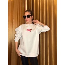 Beyaz Dog Nakış Işlemeli Şardonlu Sweatshirt