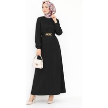 SFG Life Moda Kadın Gold Zincir Kemer Detaylı Bisiklet Yaka Burgu Elbise