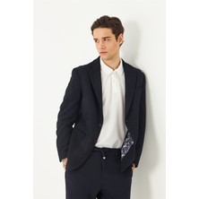 White Stone Lacivert Hafif Dokulu Içi Desenli Blazer Ceket