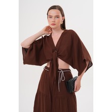 Tena Kadın Kahve Yarasa Kol Ön Bağlamalı Gömlek