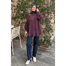 Lamelif Geniş Yakalı Biyeli Gömlek Mürdüm