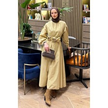 Lamelif Pileli Poplin Elbise Bej