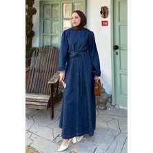 Lamelif Altı Dikişli Tesettür Elbise Koyu Mavi