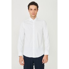 White Stone Mavi İnce Çizgili Uzun Kollu Gömlek Slim Fit