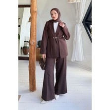 Lamelif Pensli Ceket-Pantolon Ikili Takım Acı Kahverengi