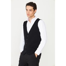 White Stone Siyah V Yaka Düğmeli Triko Yelek