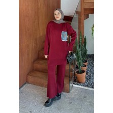 Lamelif Cep Detaylı Triko Takım Bordo