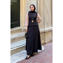 Lamelif Düğme Detaylı Elbise Siyah