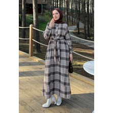 Lamelif Ekose Desen Elbise Vizonrengi