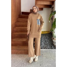 Lamelif Cep Detaylı Triko Takım Camel