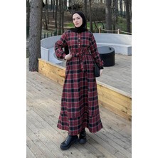 Lamelif Ekose Desen Elbise Bordo