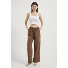 Tena Moda Kadın Kahve Beli Bağlamalı Geniş Piş Dikişli Paça Pantolon