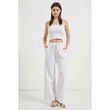 Tena Moda Kadın Beyaz Beli Bağlamalı Geniş Piş Dikişli Paça Pantolon