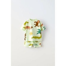 Magu Erkek Çocuk Pamuklu Açık Yeşil Safari Temalı Hayvan Baskılı Yazlık T-Shirt ve Şort Takım