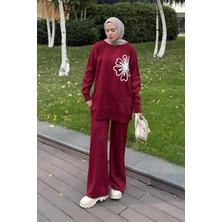 Lamelif Çiçek Detaylı Triko Takım Bordo