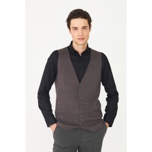 White Stone Kahverengi V Yaka Düğmeli Triko Yelek