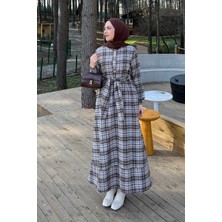 Lamelif Ekose Desen Elbise Çikolata Kahve
