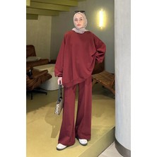 Lamelif Kapşonlu Pantolonlu Ikili Tesettür Takım Bordo