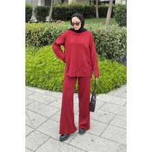 Lamelif Düğme Detaylı Triko Takım Bordo