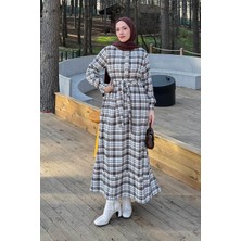 Lamelif Ekose Desen Elbise Taş