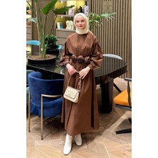 Lamelif Pileli Poplin Elbise Acı Kahverengi