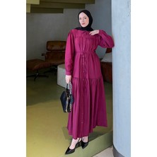 Lamelif Bağlama Detaylı Tesettür Elbise Mürdüm