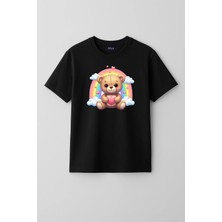 Mixxi Fashion Sevimli Ayı Gökkuşağı Cute Bear Rainbow Baskılı Kısa Kollu Unisex  Çocuk Tişört (4-13 Yaş)