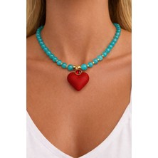 db DİLEK BAŞ TASARIM Amazonit Doğal Taşlı Kırmızı Kalp Figürlü Gold Detaylı Kadın Kolye