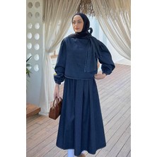 Lamelif Fiyonk Detaylı Denim Takım Koyu Mavi