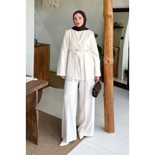 Lamelif Pensli Ceket-Pantolon Ikili Takım Krem