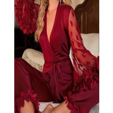 Ece's Design Lüks Ipeksi Saten Dantelli Ortiş Tüylü Kadın Pijama Takımı 2 Parça W2012